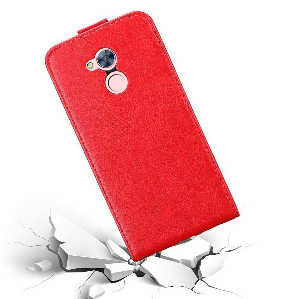 Custodia per telefono rossa, chiusa. La custodia è appoggiata su pezzi bianchi rotti. Sfondo bianco.