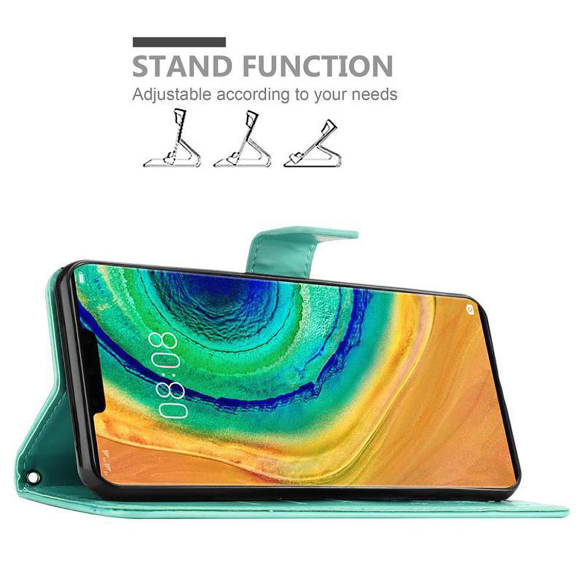 Custodia per telefono verde acqua con un telefono all'interno. Il telefono ha un'interfaccia.