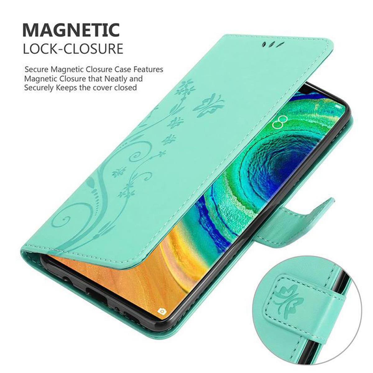 Custodia verde menta, aperta. Il telefono è all'interno. La custodia ha un design floreale. Testo: CHIUSURA MAGNETICA