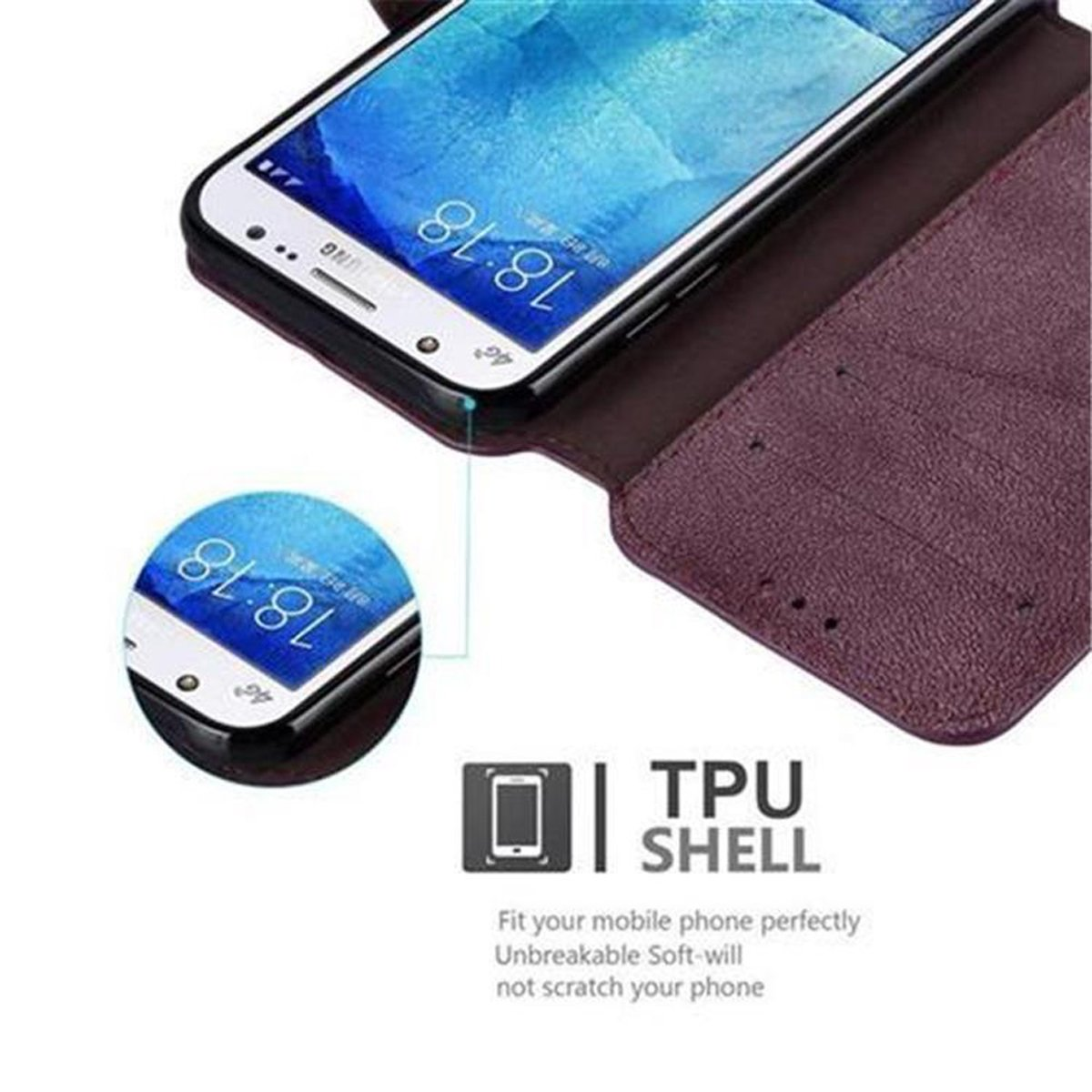 Teléfono en funda marrón, mostrando la pantalla y un primer plano de la funda.