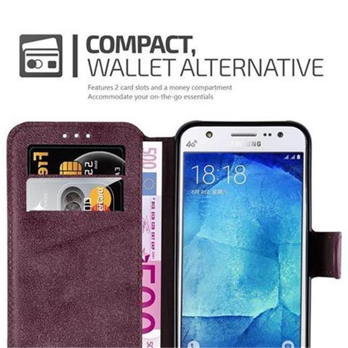 Un teléfono está en una funda tipo billetera con una tarjeta y dinero. La funda está abierta, mostrando la pantalla del teléfono.