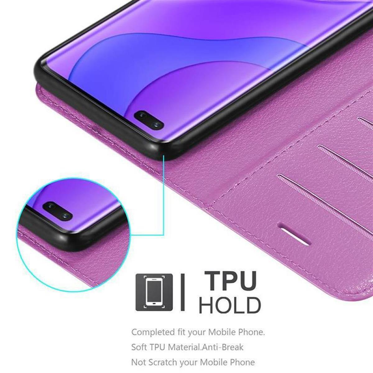 Telefono in custodia viola. Il testo dice 'TPU HOLD'. Primo piano che mostra il telefono.