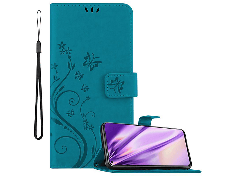 CADORABO Hülle A8s, Case, Galaxy Bookcover, Blumen FLORAL Flower BLAU Samsung, Muster