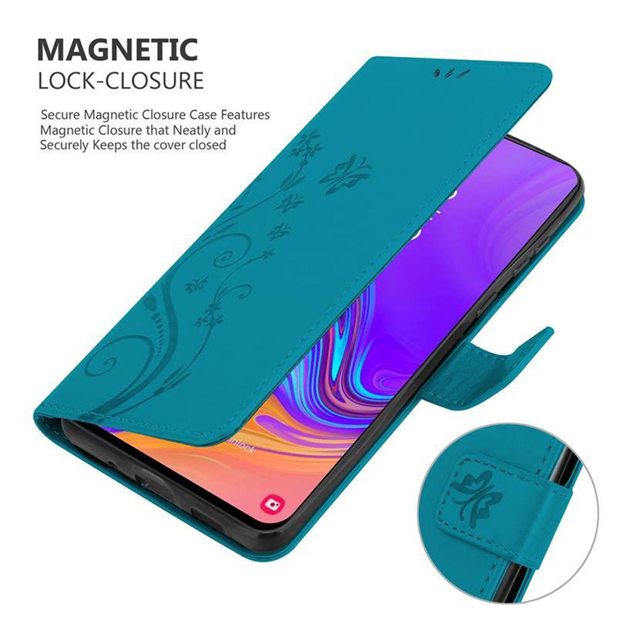 Custodia per telefono verde acqua con un telefono all'interno. Chiusura magnetica e design floreale.