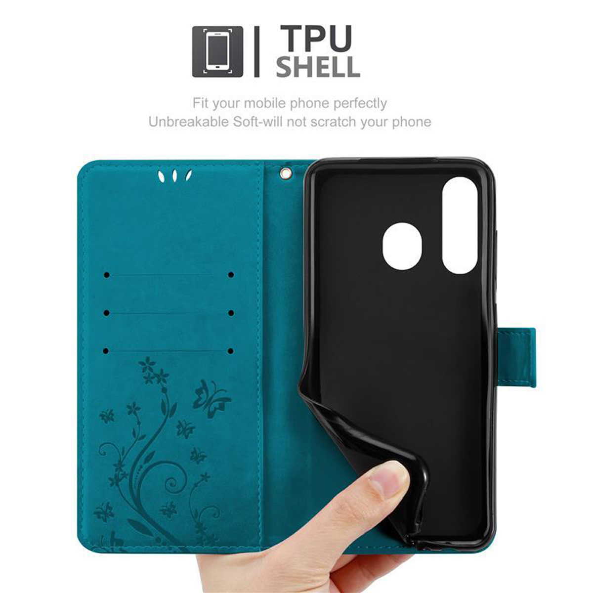 Custodia per telefono turchese aperta, che mostra un telefono, e una mano che tiene la custodia con un design floreale.