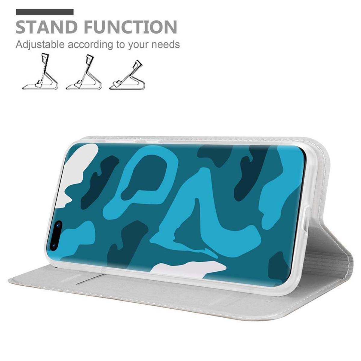 Custodia per telefono con design mimetico blu. Illustrazione della funzione stand visibile. Sfondo bianco.