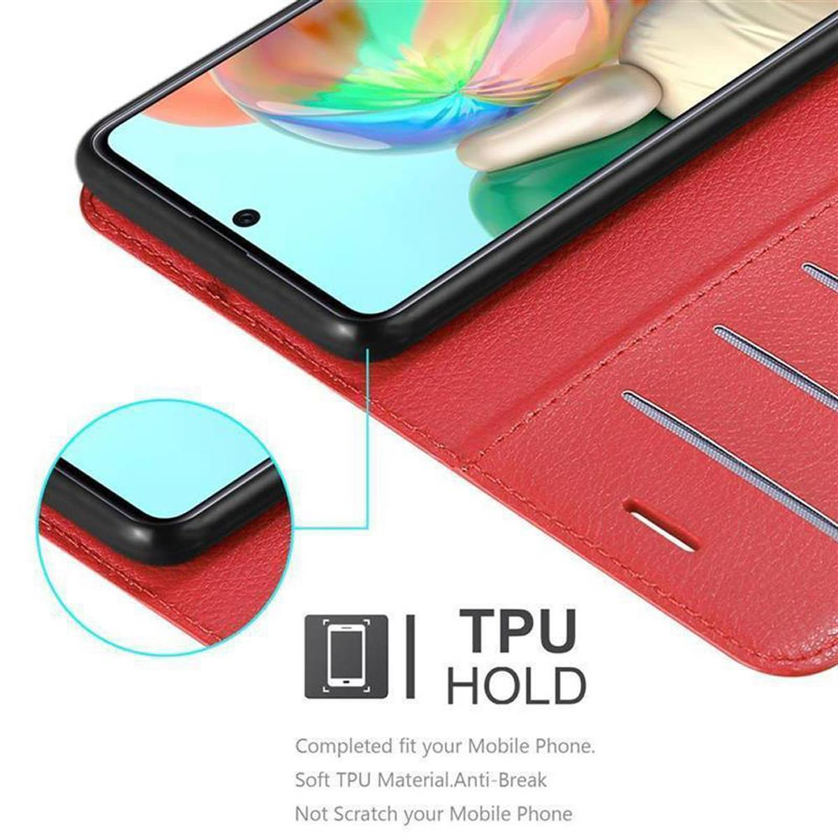 Custodia rossa per telefono con telefono all'interno. Testo: TPU HOLD. Dettagli della custodia mostrati.