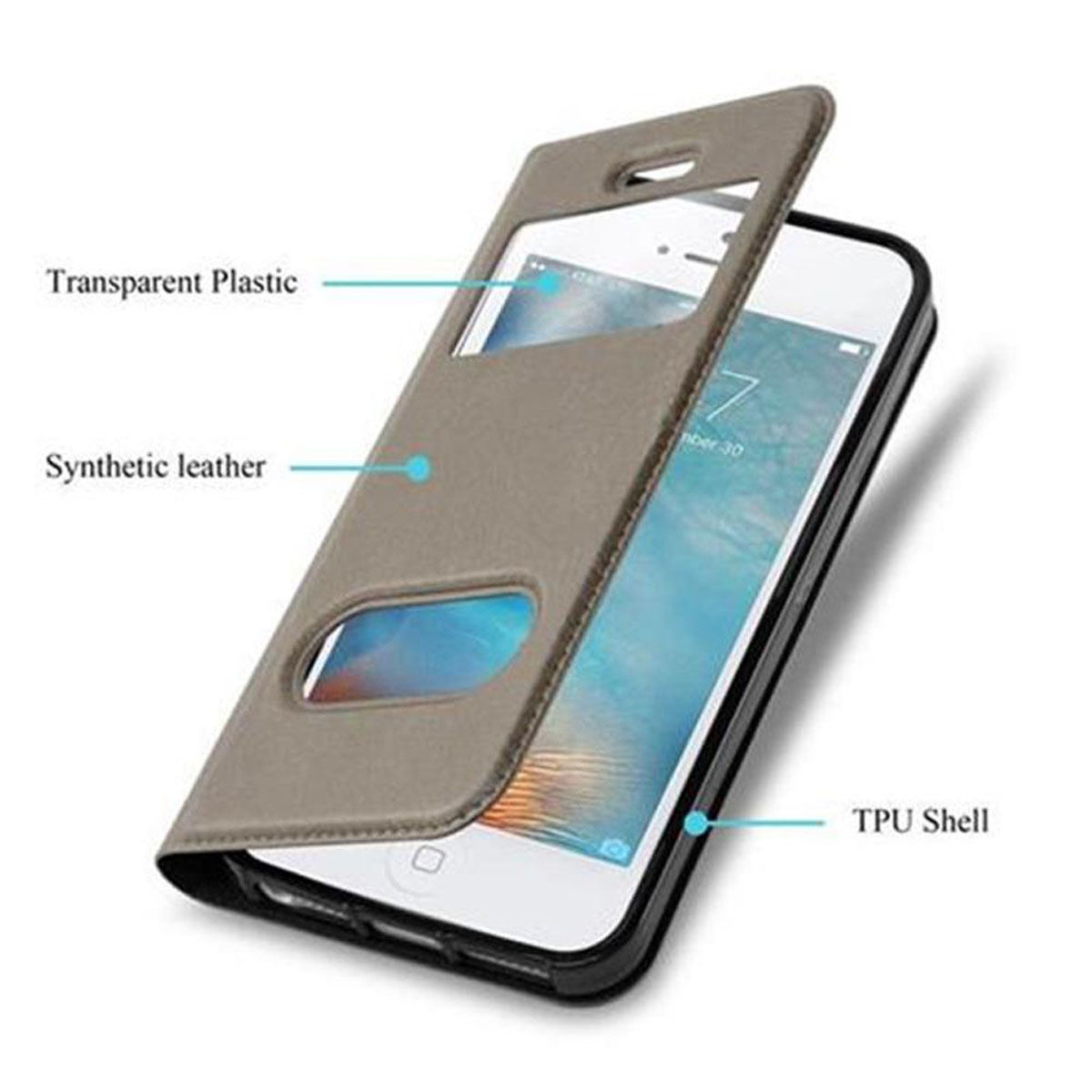 Custodia per telefono su sfondo bianco. La custodia è aperta, rivelando il telefono. Il testo sulla custodia dice "Transparent Plastic" e "Synthetic leather".