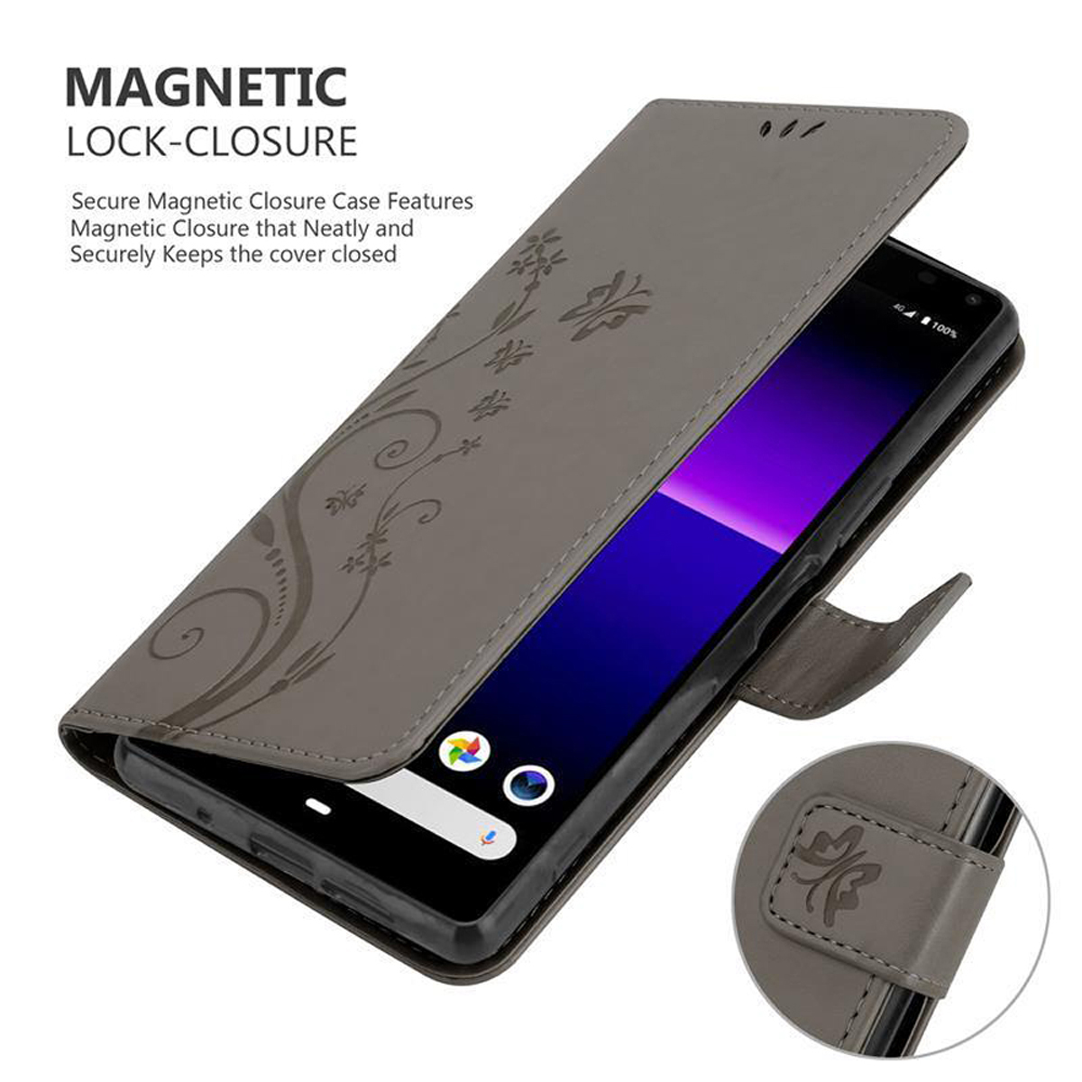 Custodia grigia per telefono, aperta, che mostra uno schermo del telefono. La custodia ha un design floreale. Chiusura magnetica visibile.