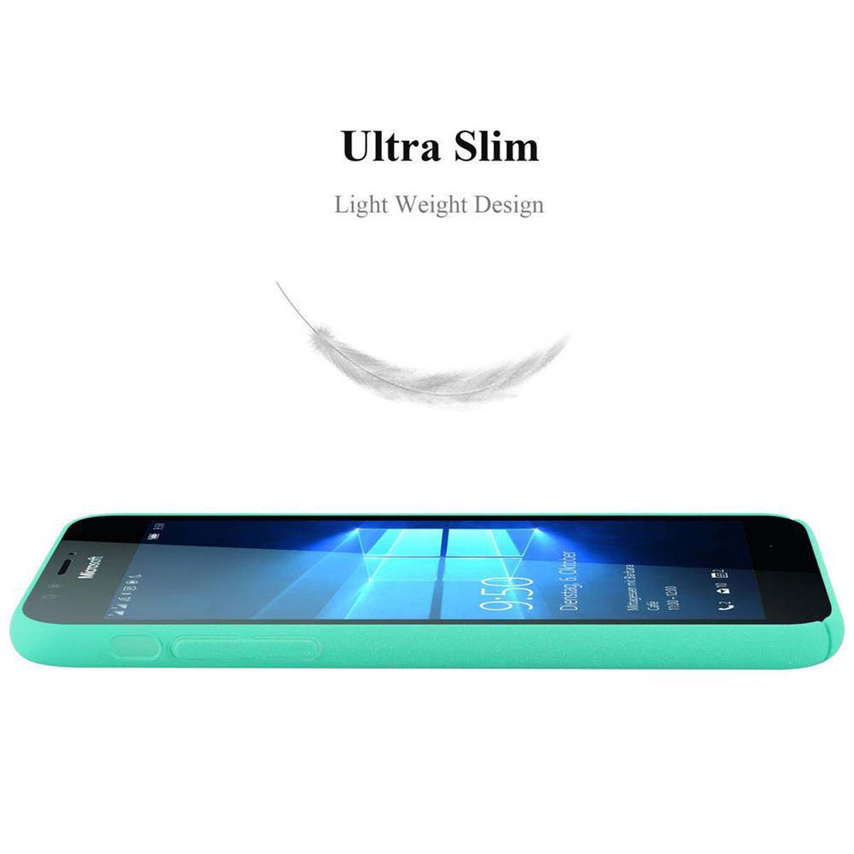 Una custodia per telefono verde acqua con un telefono all'interno. Le parole 'Ultra Slim' e una piuma sono sopra il telefono.