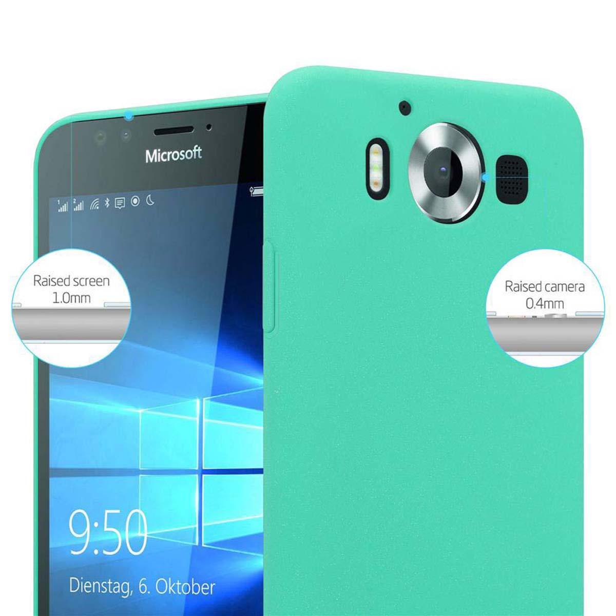 Custodia per telefono verde acqua con telefono all'interno. Il telefono ha uno sfondo blu e bianco. Schermo e fotocamera rialzati.