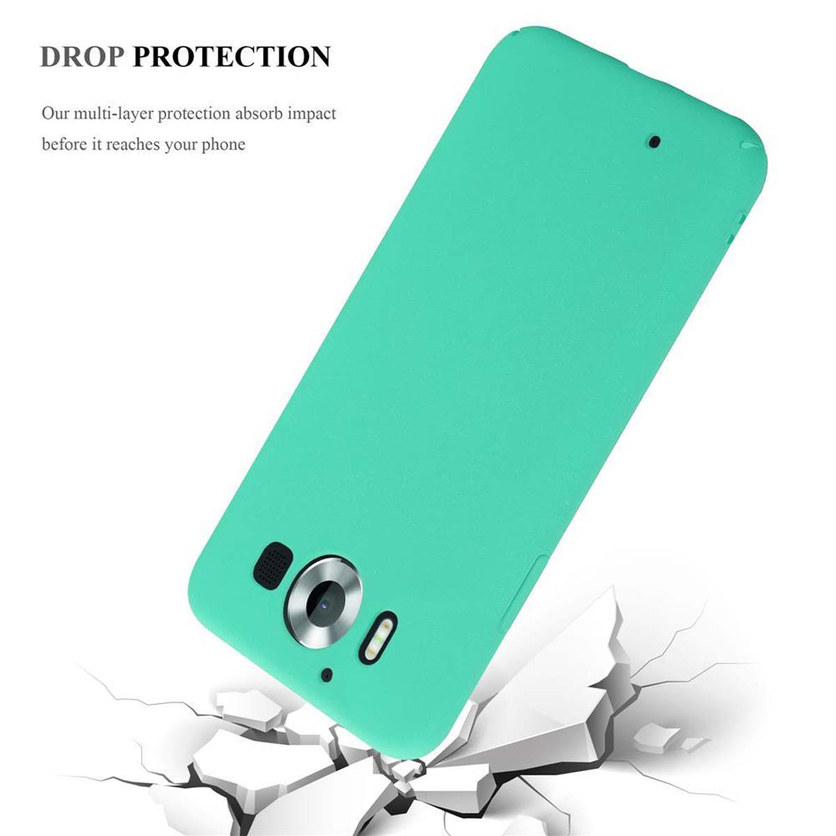 Una custodia per telefono verde, con un telefono. È una custodia di protezione dalle cadute. Sfondo bianco con crepe.
