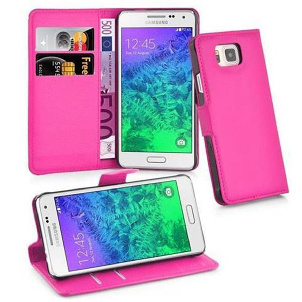 Étui de téléphone rose avec un téléphone et des cartes. Affichage de l'heure.