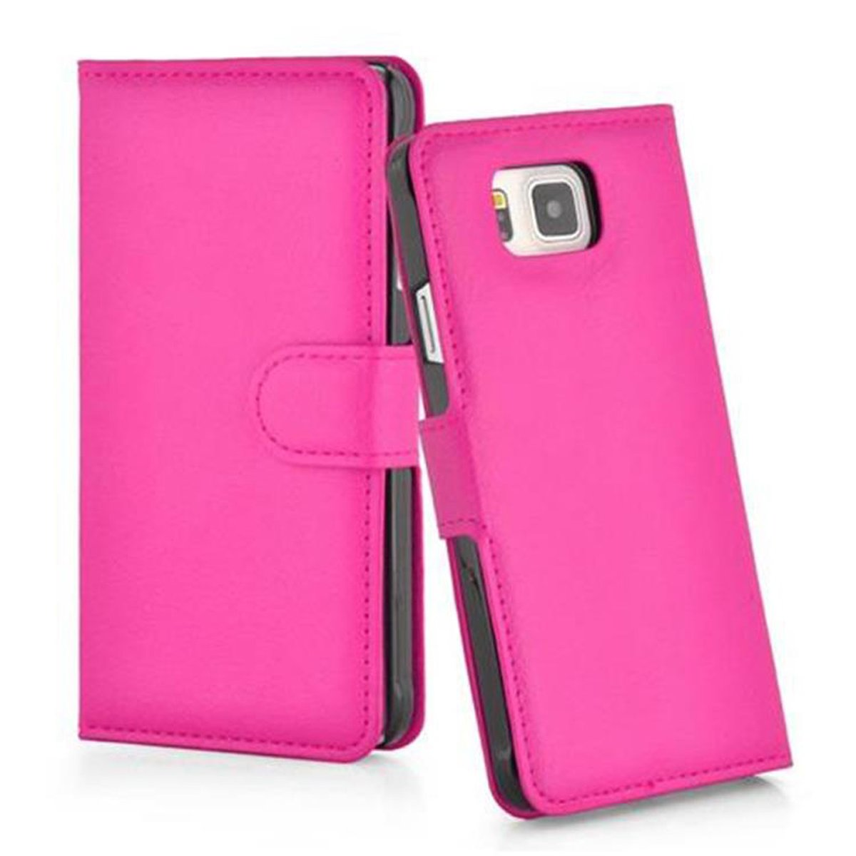 Étui de téléphone rose, ouvert et fermé, avec fermeture à bouton. Le téléphone est à l'intérieur de l'étui.
