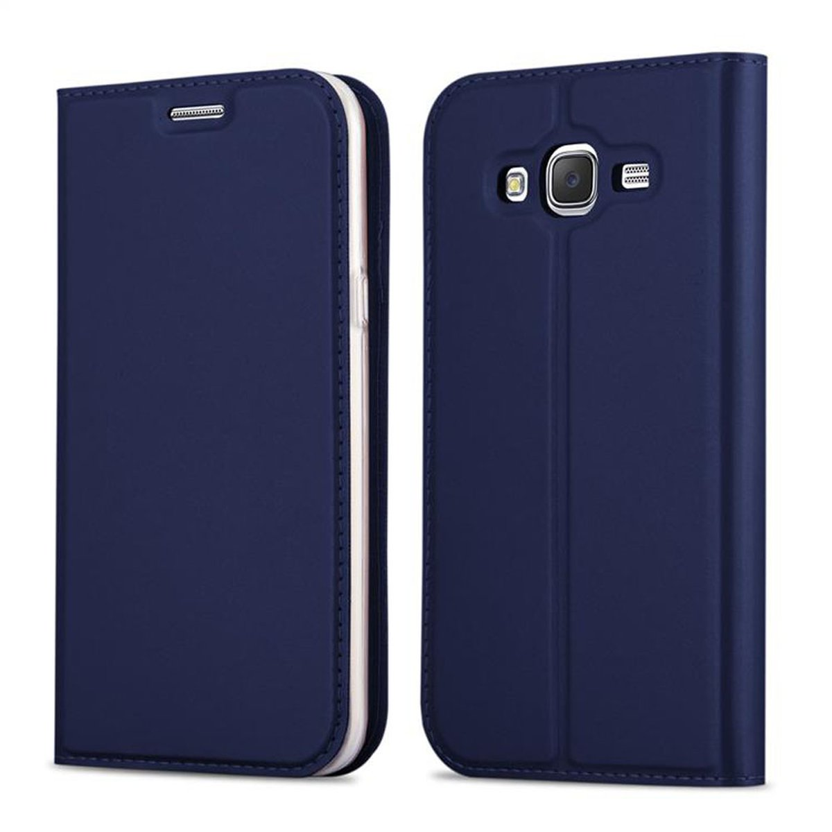 Funda de teléfono azul, cerrada. Se muestra la parte posterior de la funda.
