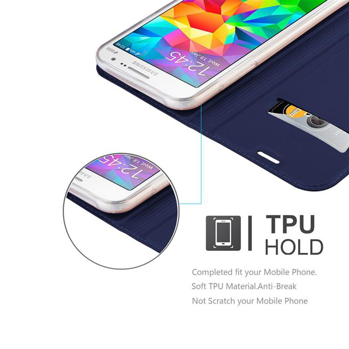 Una funda de teléfono azul marino con un teléfono dentro y una ranura para tarjeta de crédito y una tarjeta de crédito.