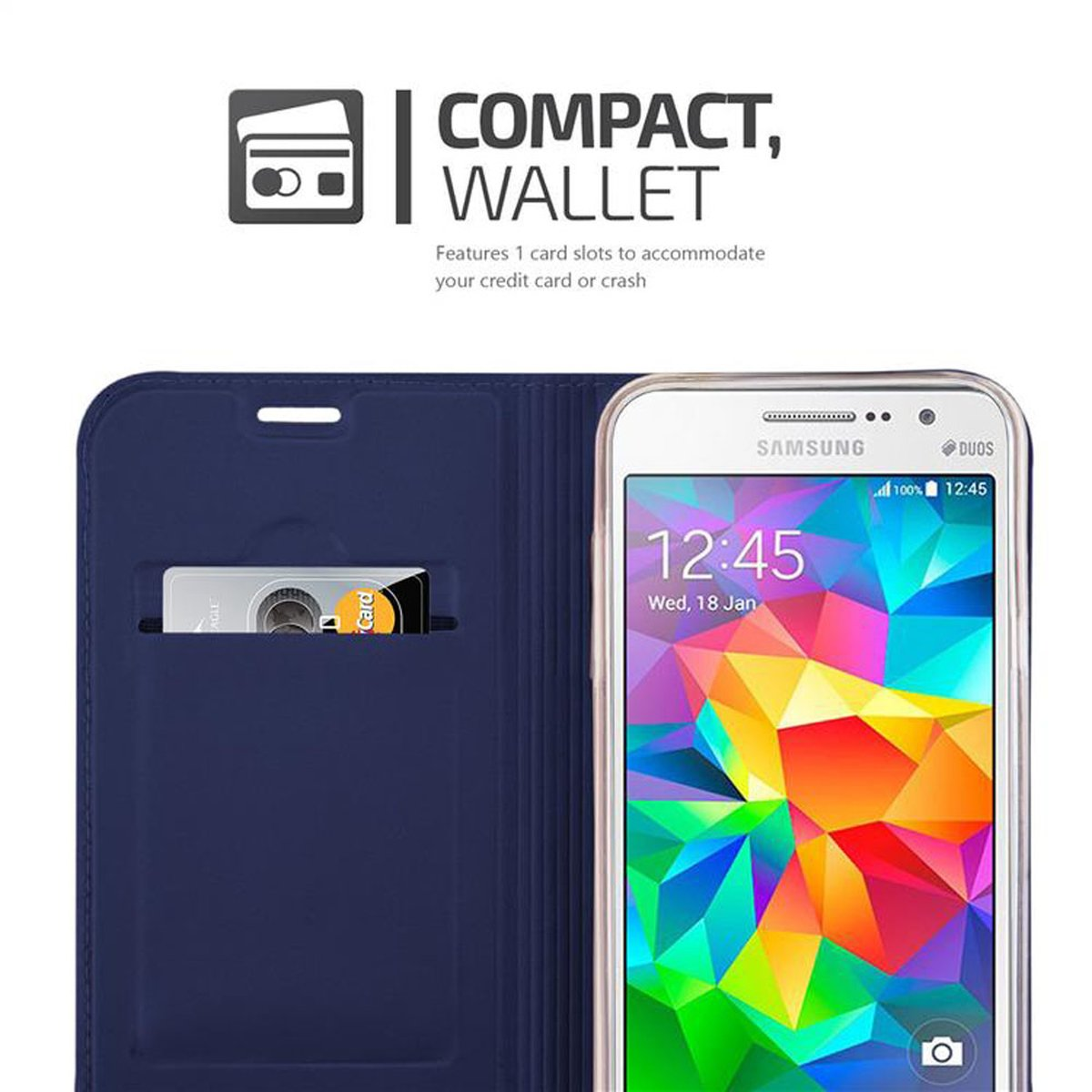 Funda tipo cartera azul marino abierta con teléfono y tarjeta de crédito.