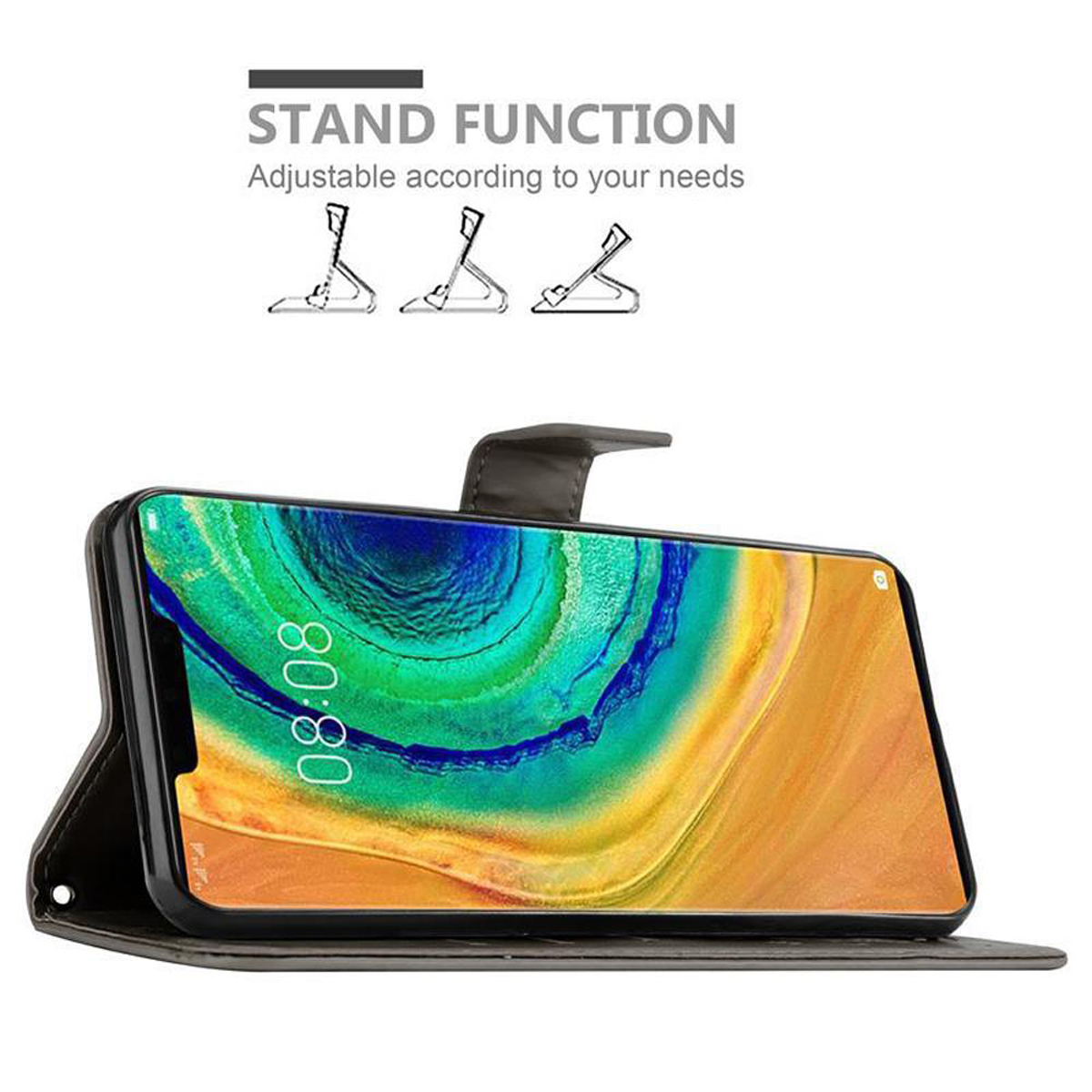 Custodia per telefono in posizione stand. C'è un telefono nella custodia. La custodia è aperta. Il telefono mostra l'ora.