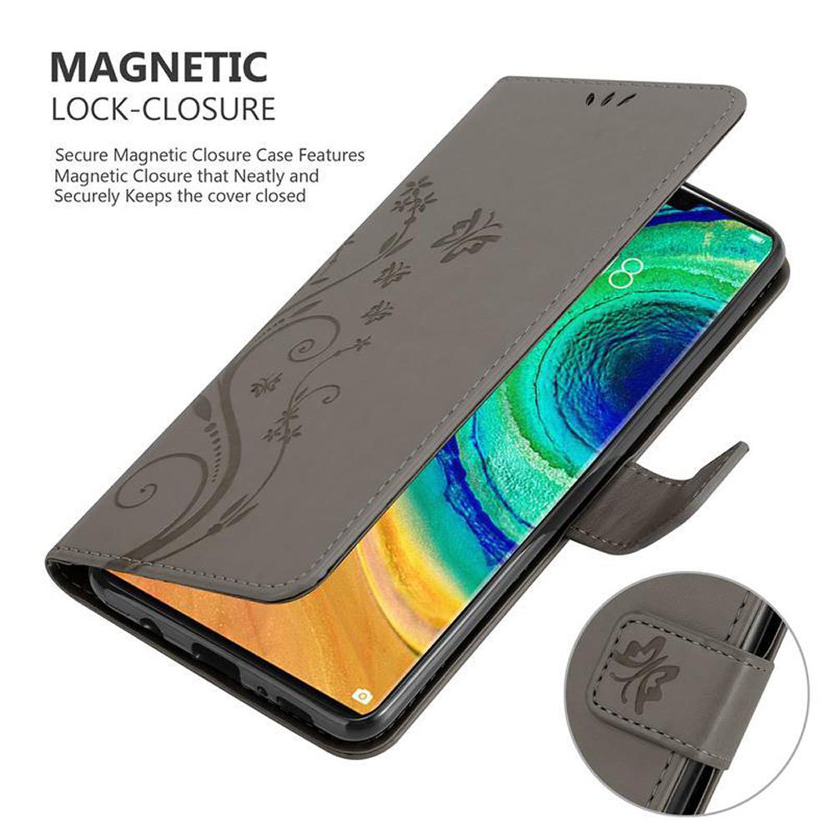 Una custodia grigia con un telefono dentro. La custodia ha un design floreale e una chiusura magnetica.