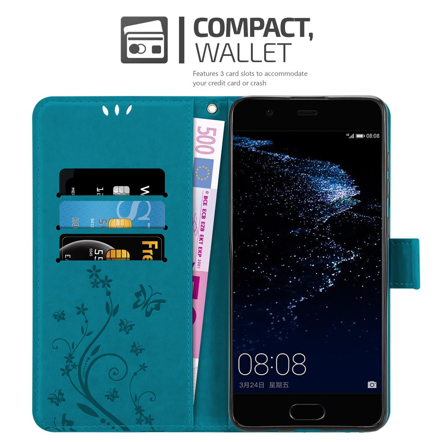 Custodia a portafoglio verde acqua aperta con telefono. Carte e denaro. Compatta.