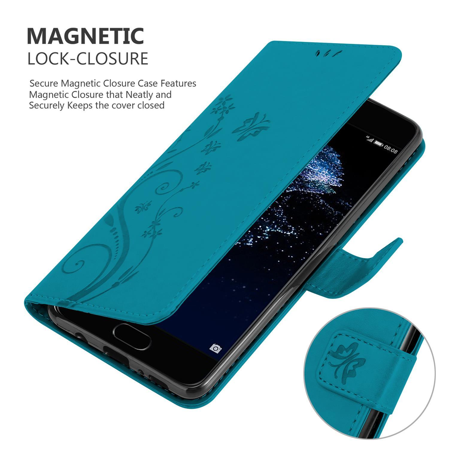 Custodia turchese aperta, telefono all'interno con design floreale. Testo: Chiusura magnetica.