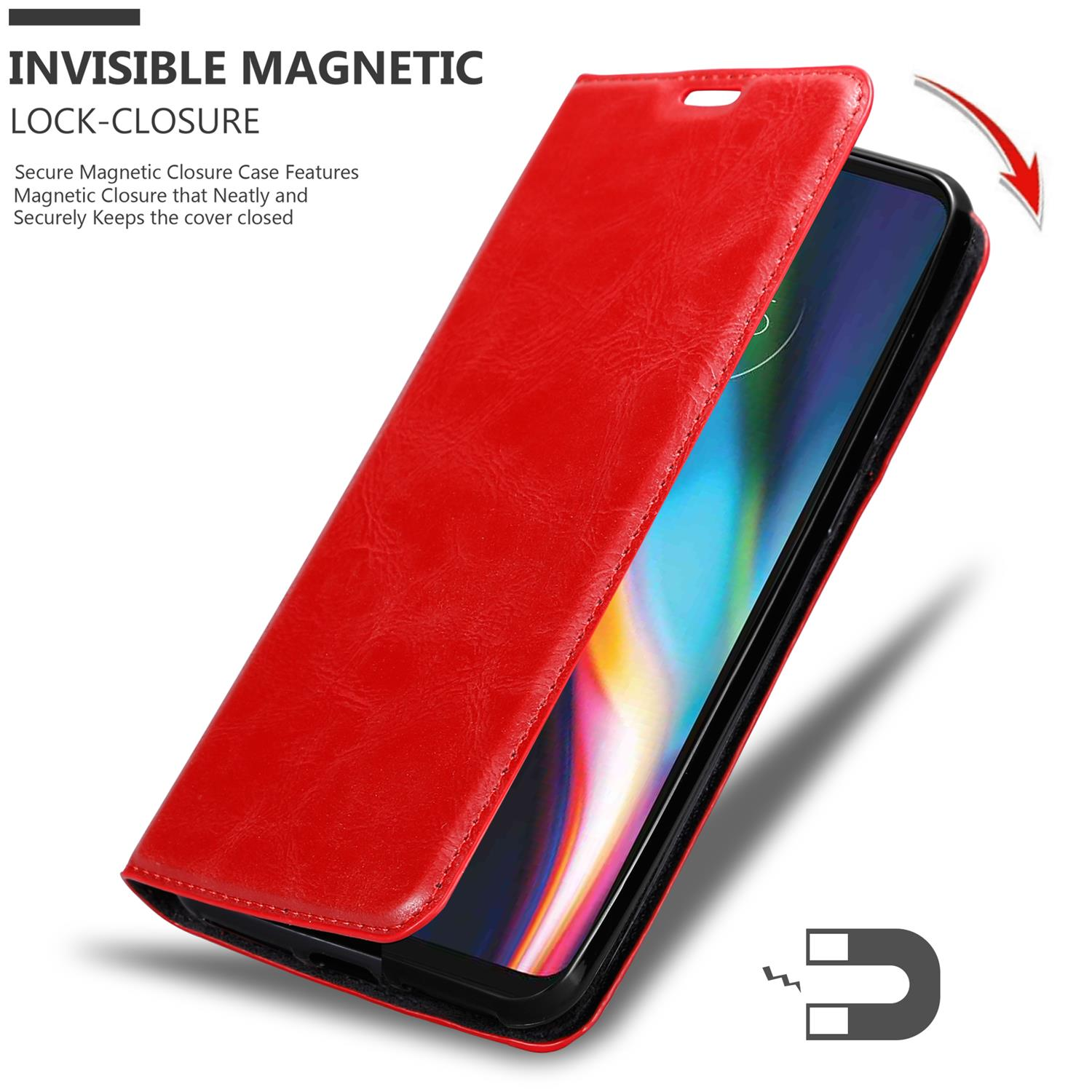 Custodia rossa aperta, che mostra il telefono. Ha una chiusura magnetica. Il telefono è nero.