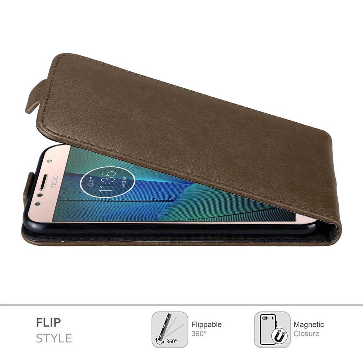 Custodia marrone con telefono. Schermo mostra l'ora. Custodia chiusa.
