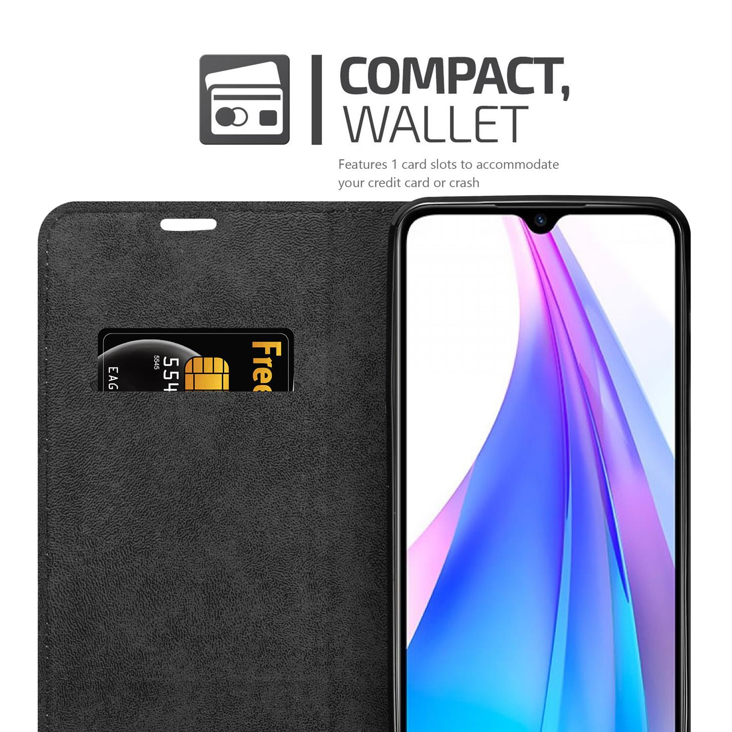 Custodia per telefono nera con fessura per carte. Un telefono è visibile. La custodia mostra una carta di credito. Design portafoglio compatto.