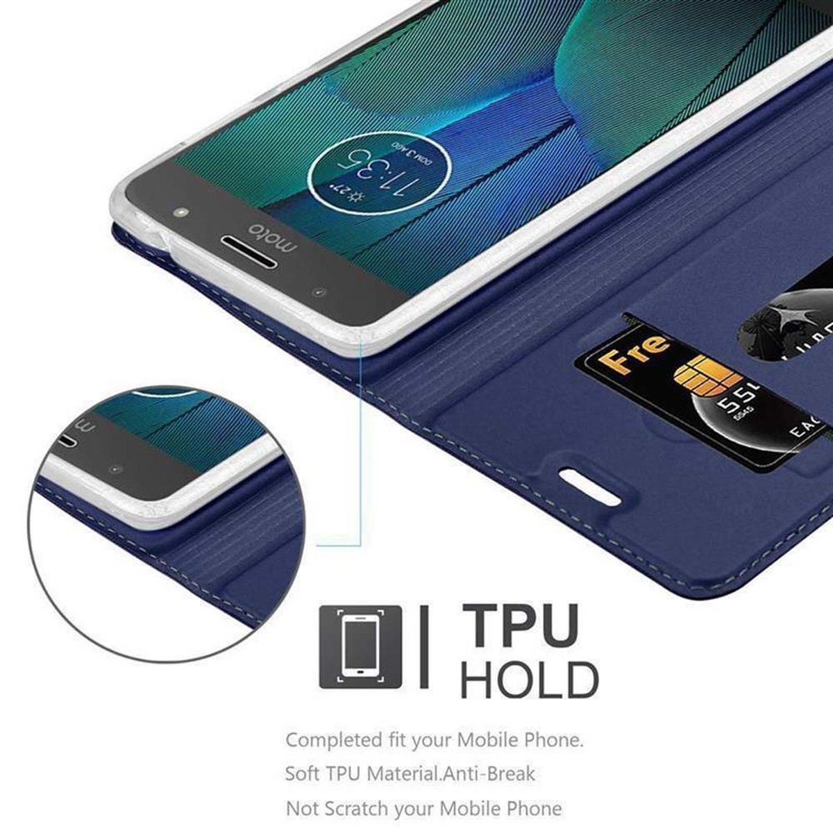 Custodia blu per telefono aperta, telefono dentro, con SIM card. Testo: 'TPU HOLD'.