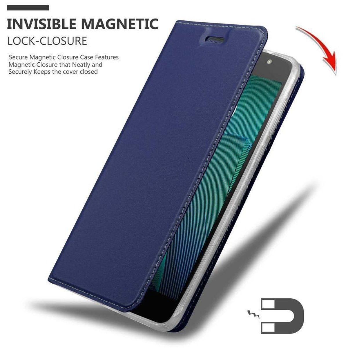 Custodia blu per telefono con telefono all'interno. Chiusura magnetica. La cover è socchiusa. Simbolo del magnete in basso.