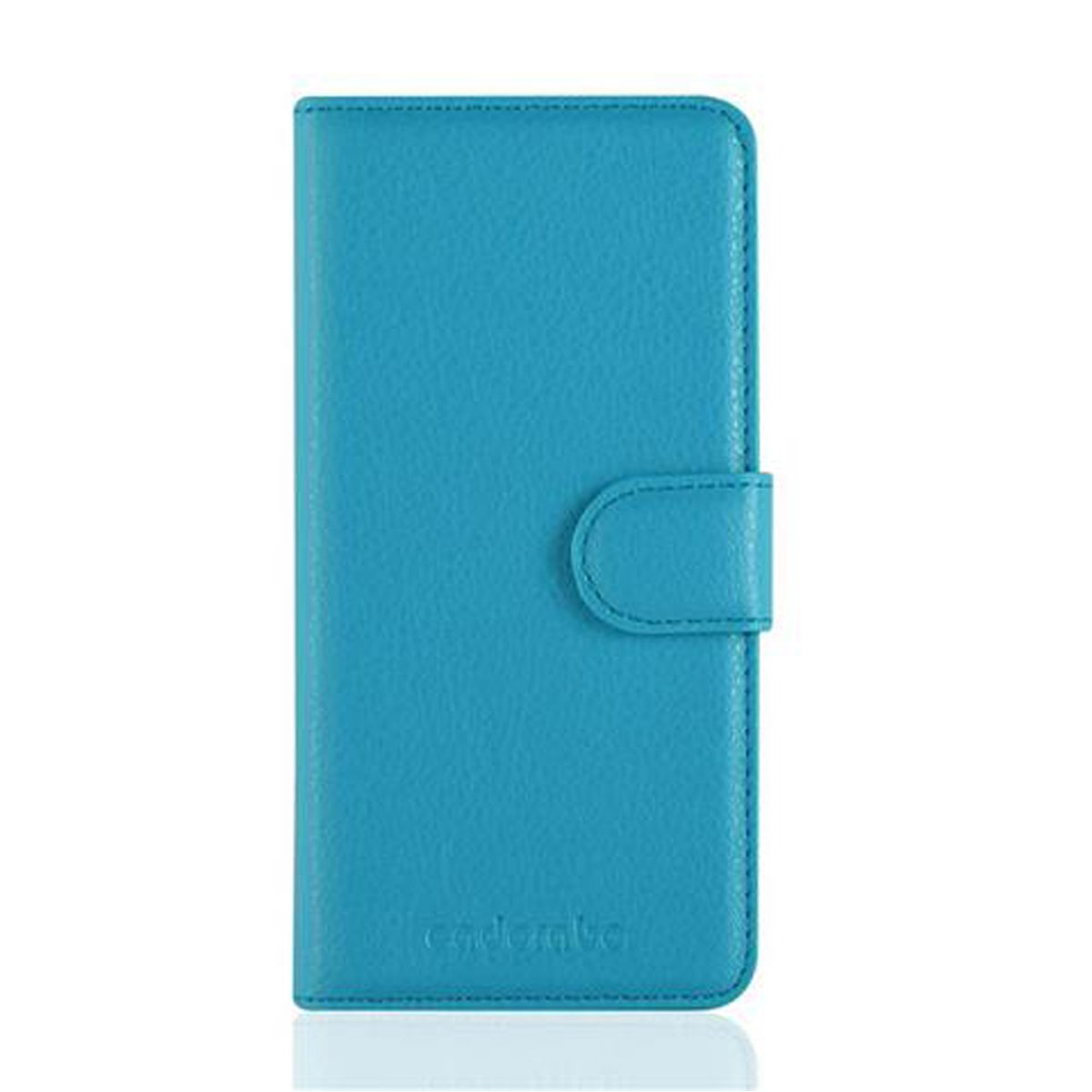 Custodia per telefono blu, chiusa. Ha una fibbia per chiudere. Il colore è blu solido e brillante.
