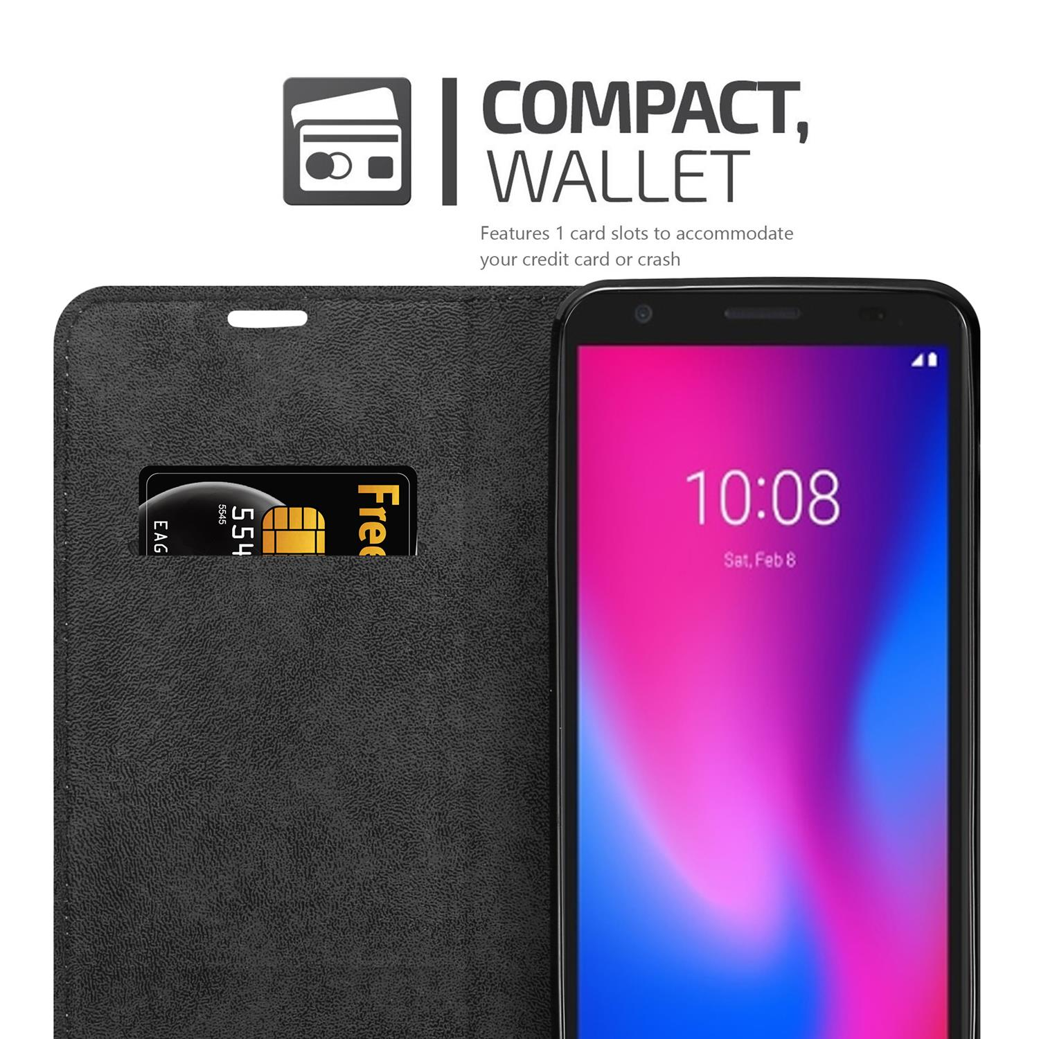 Schwarze Handyhülle mit Kartenfach. Das Telefon zeigt die Uhrzeit an. Text lautet 'Kompakte Geldbörse'.