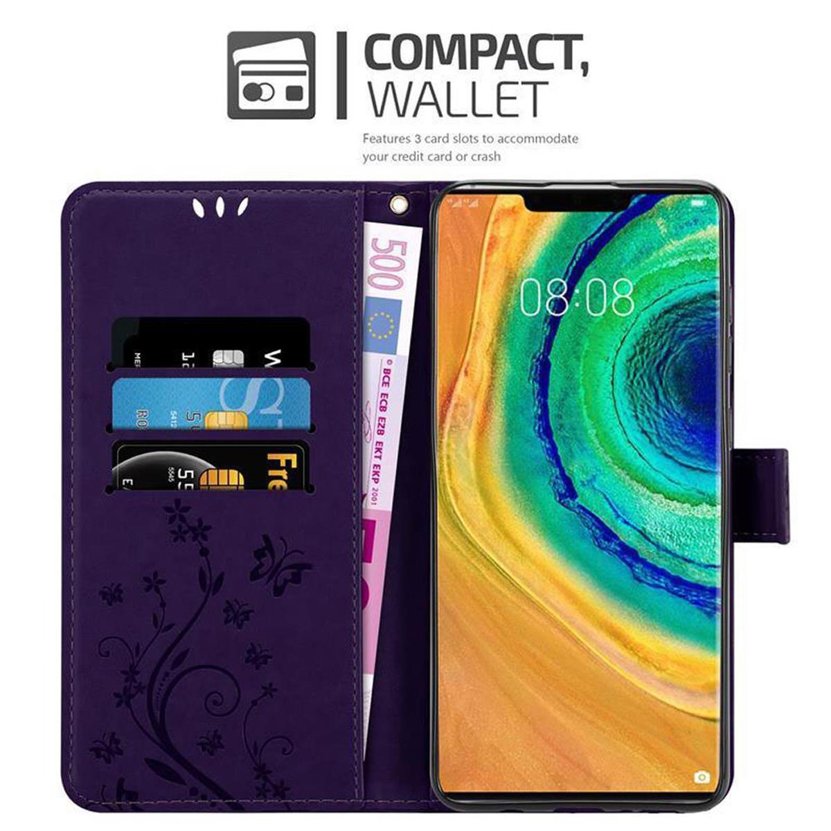 Custodia a portafoglio viola con telefono. Include denaro, carte e design floreale.