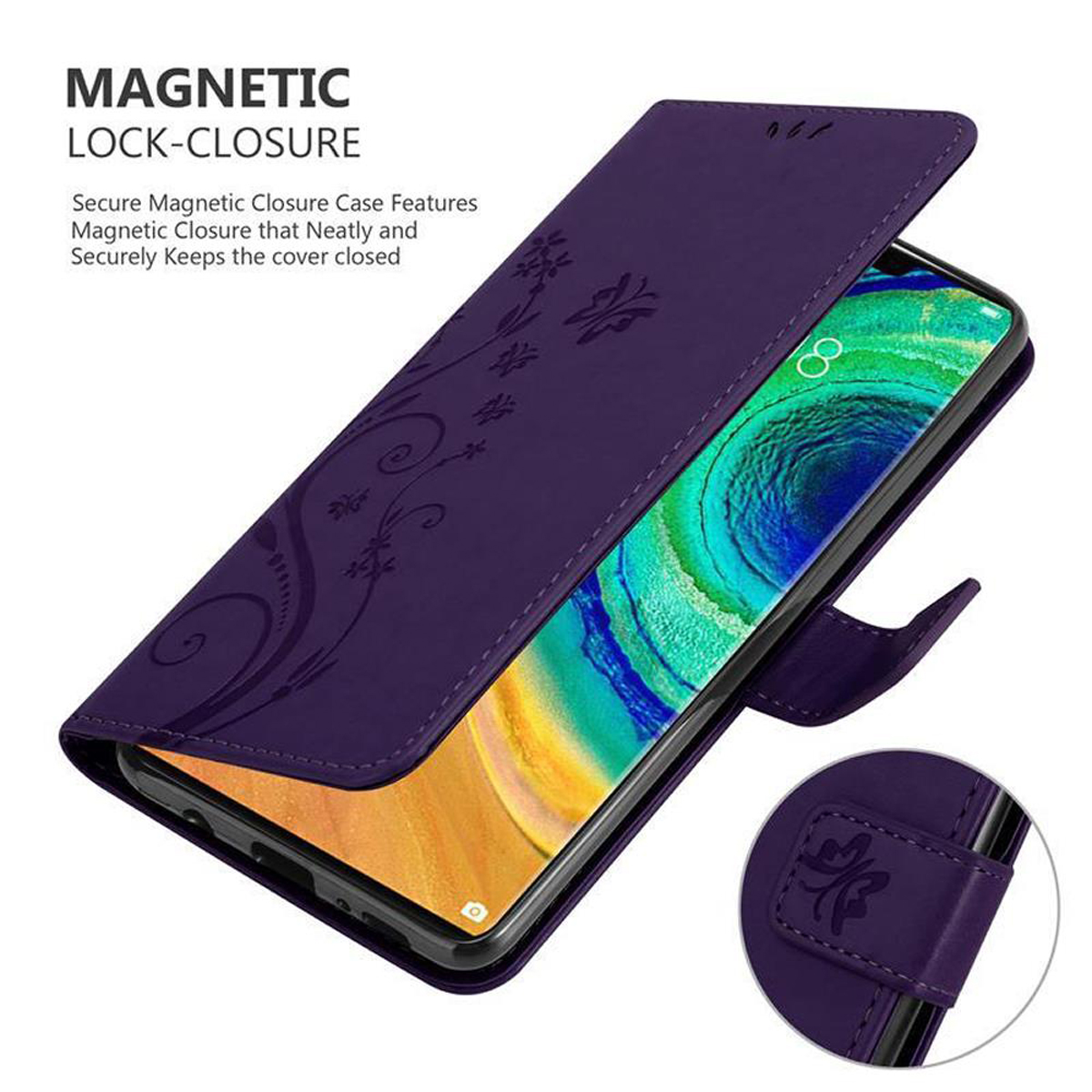 Custodia per telefono viola aperta, c'è un telefono dentro. La custodia ha dei fiori.