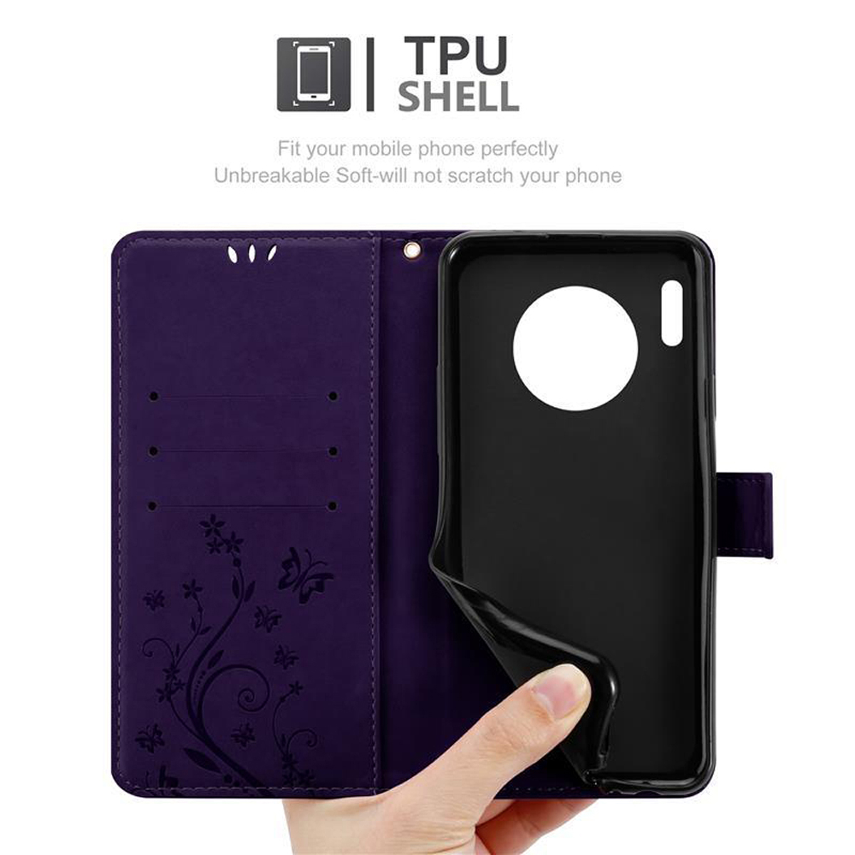 Custodia viola per telefono, aperta, con supporto nero. Testo: Guscio TPU, infrangibile, morbido.