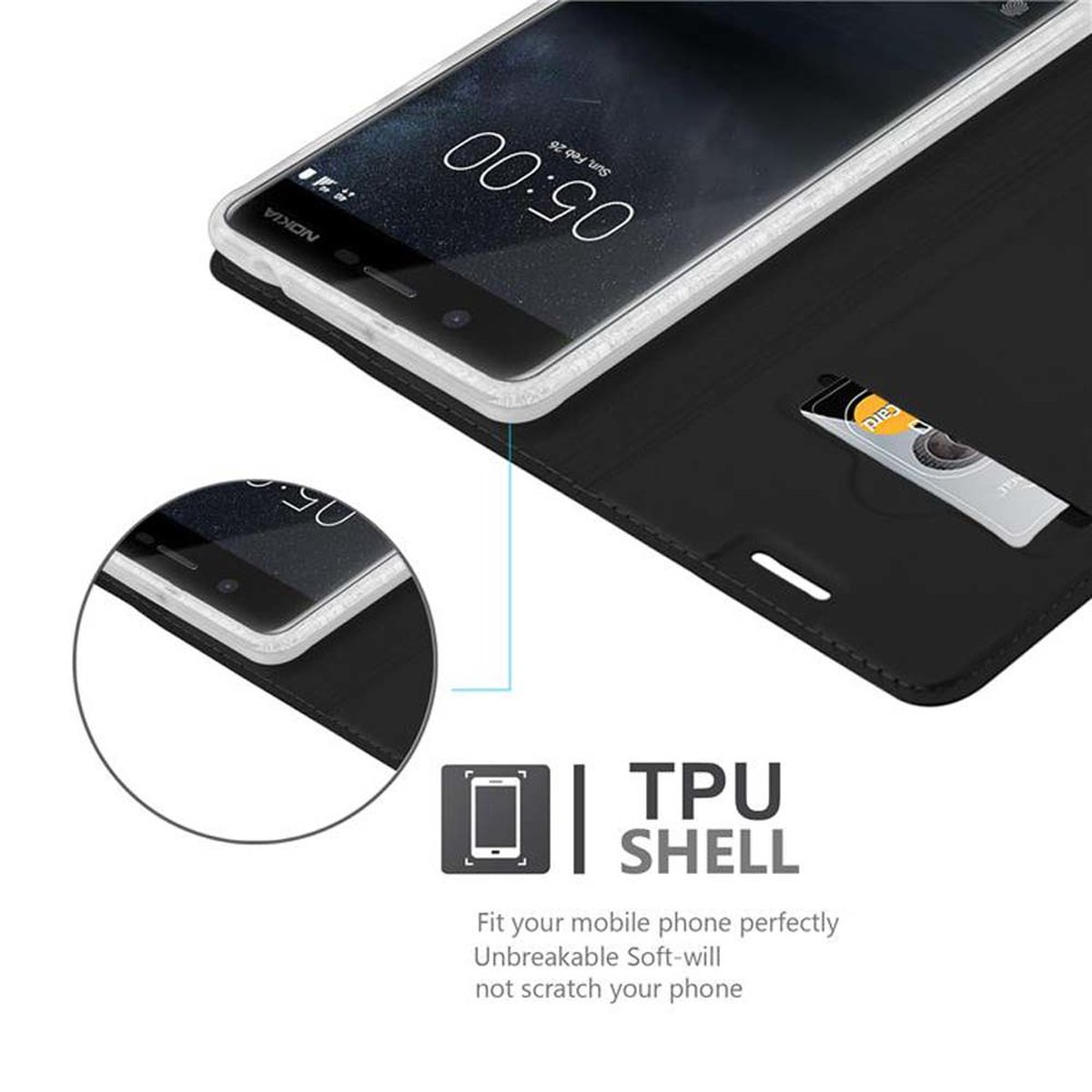 Custodia per telefono nera con telefono all'interno e fessura per carte.