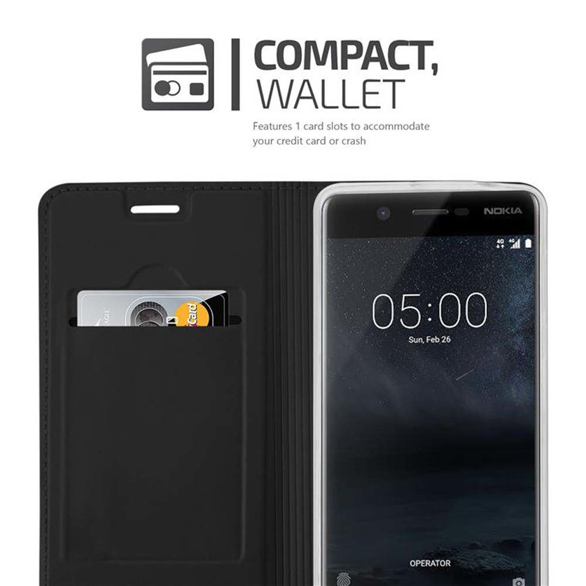 Custodia nera per telefono con slot per schede, che rivela un telefono Nokia con display orario.