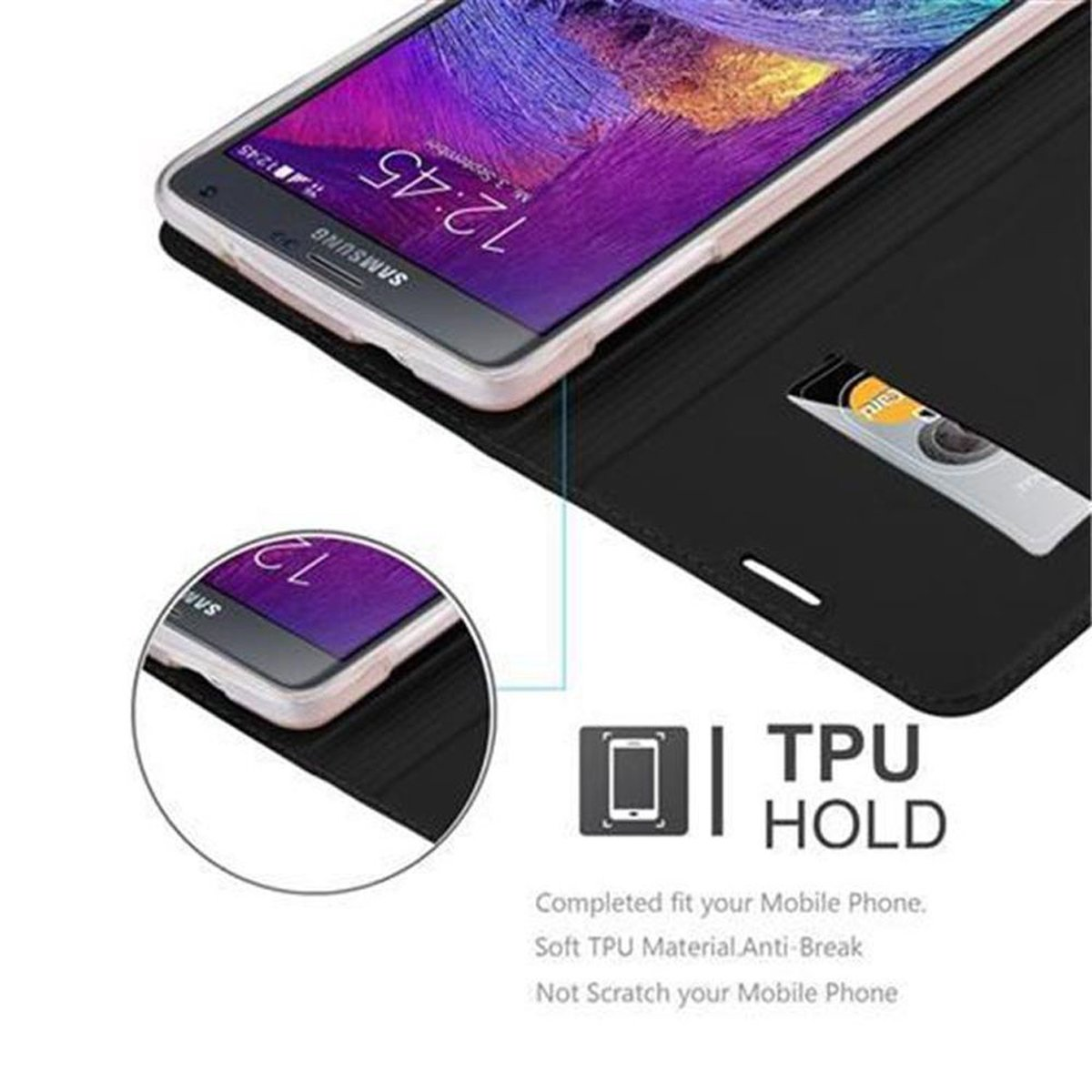 Un telefono è in una custodia. La custodia è aperta, mostrando uno slot per schede e una scheda. L'etichetta TPU HOLD è presente.