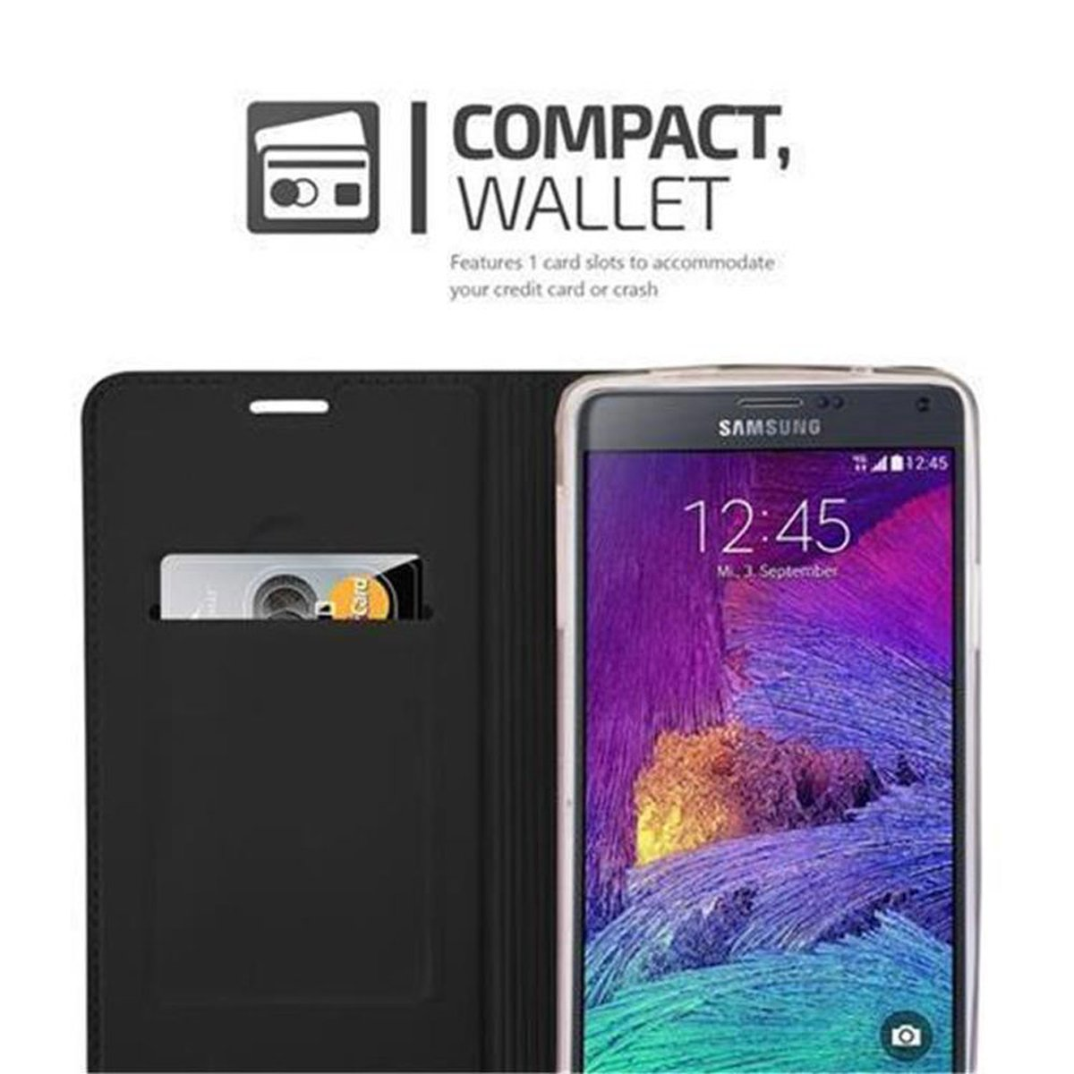 Custodia per telefono nera, aperta. Telefono all'interno con una carta. La custodia ha fessure per carte e un telefono Samsung.