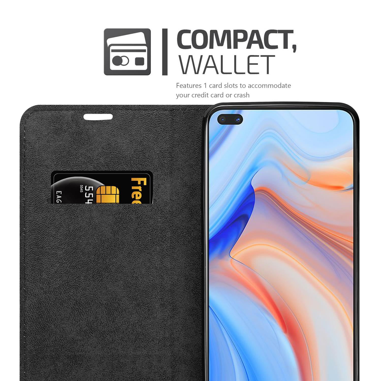 Ein Telefon in einer Brieftaschenhülle mit einer Kreditkarte im Schlitz. Text lautet 'Compact, Wallet'.