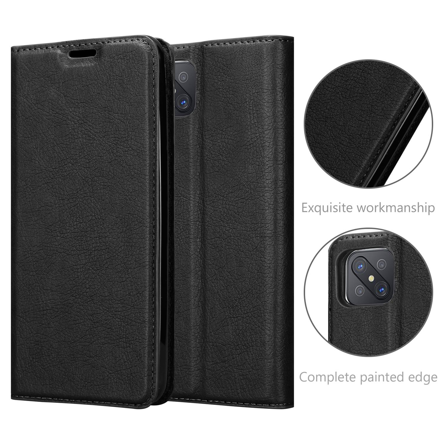 Schwarze Handyhülle geöffnet. Zwei Nahaufnahmen zeigen Details. Exquisite Verarbeitung und kompletter Rand.