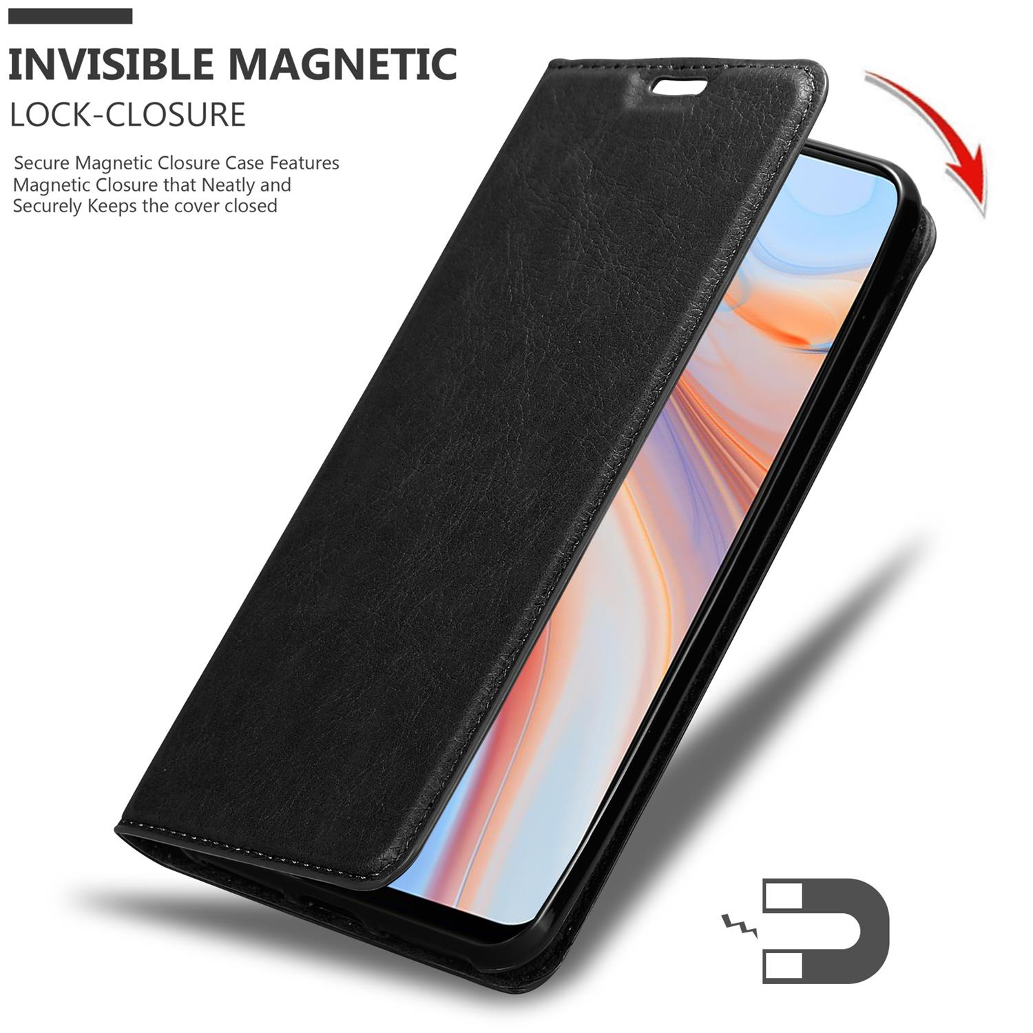 Schwarze Handyhülle. Geöffnete Abdeckung zeigt Bildschirm. Magnet und Pfeil zeigen Verschluss.