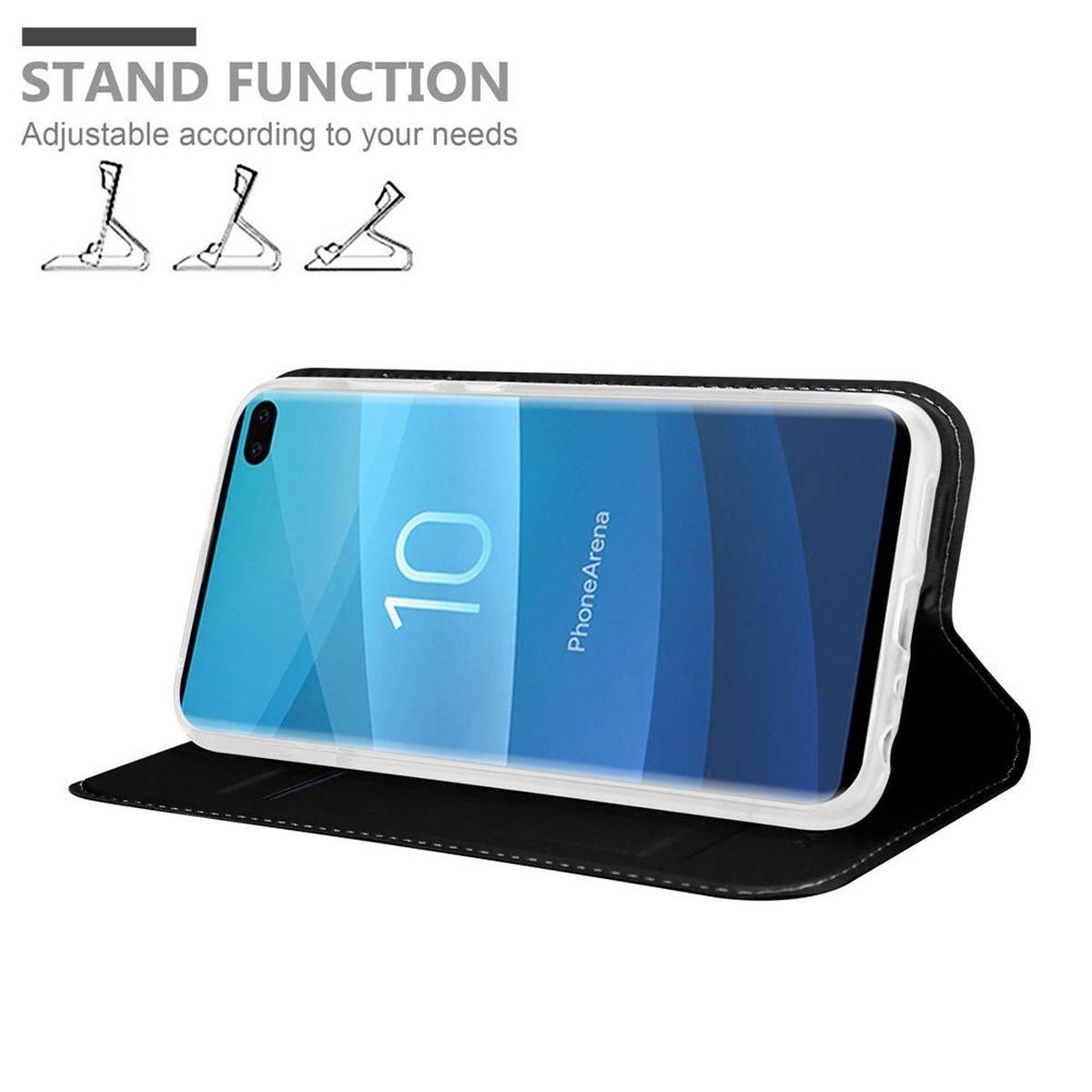 Schwarze Handyhülle mit einem Telefon im Stand. Der Bildschirm ist sichtbar.