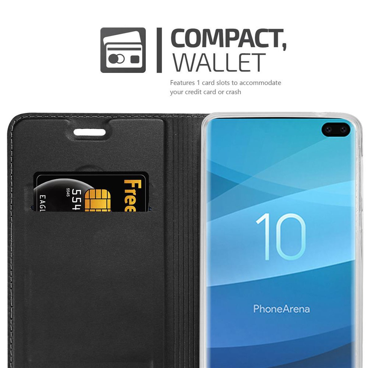 Geöffnete Handyhülle, Telefon und Karte sichtbar. Schwarzes, lederartiges Material mit Telefon und Karte.