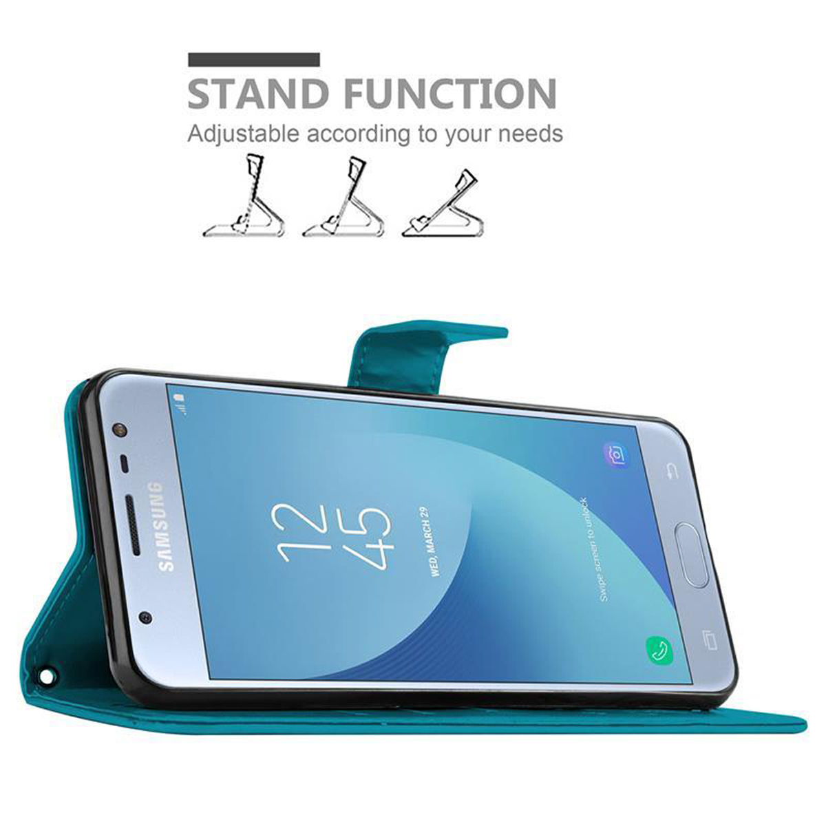 Telefono in custodia, sollevato, color verde acqua. Funzione supporto visibile.