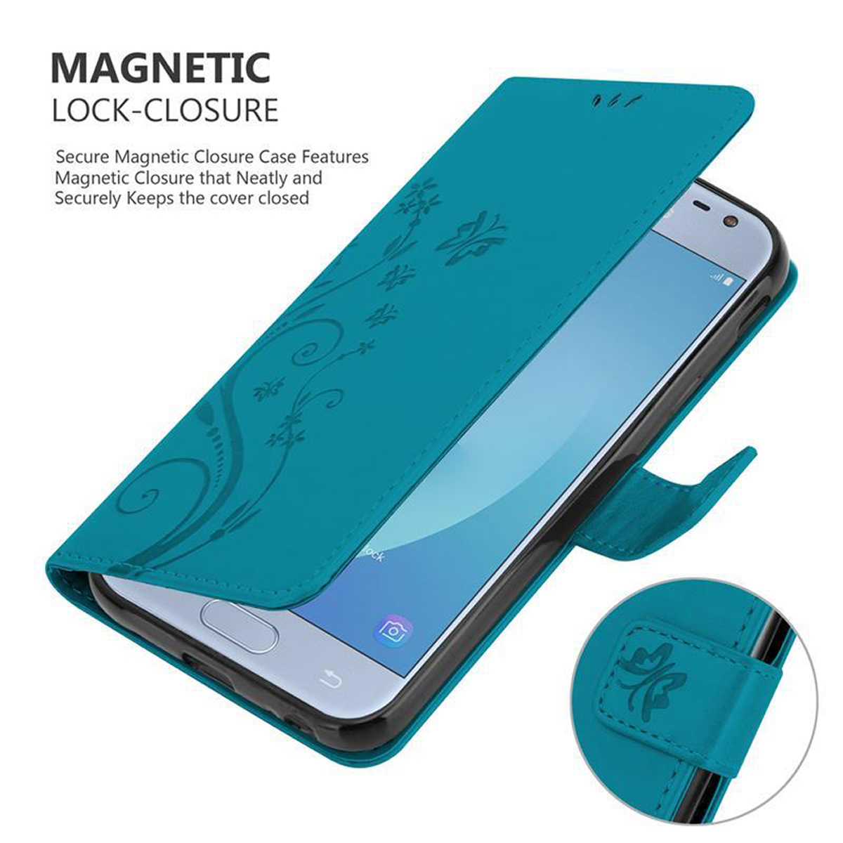 Una custodia turchese con un telefono all'interno si sta chiudendo. Testo: Chiusura magnetica. Design floreale sulla cover.