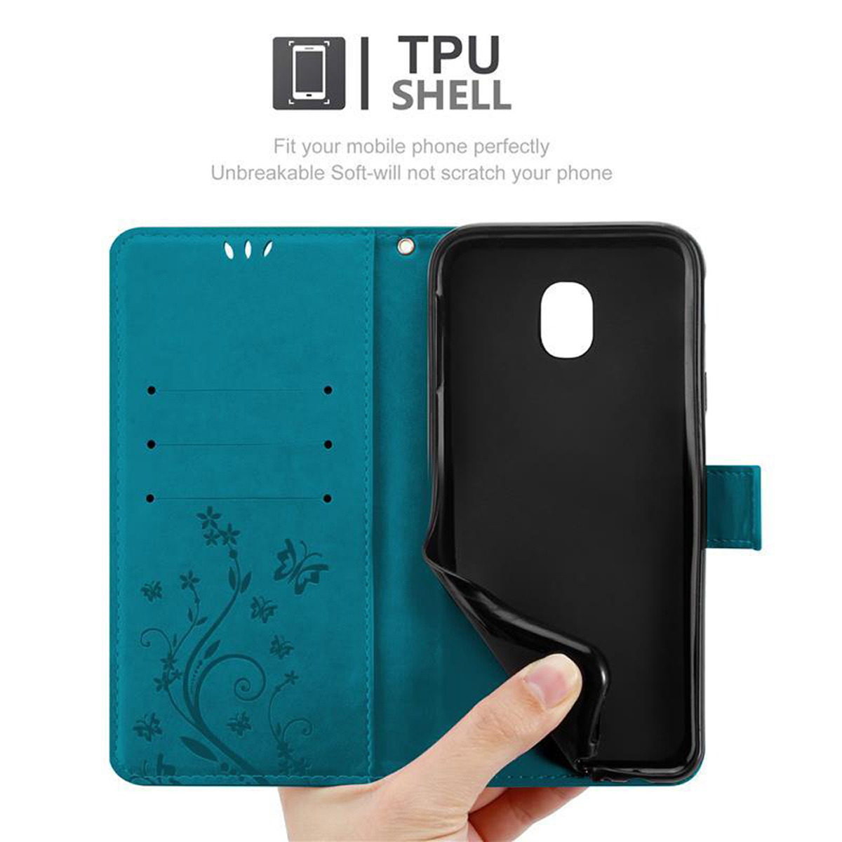Custodia turchese per telefono con telefono all'interno. Ha un design floreale e un logo TPU SHELL. La custodia è aperta.