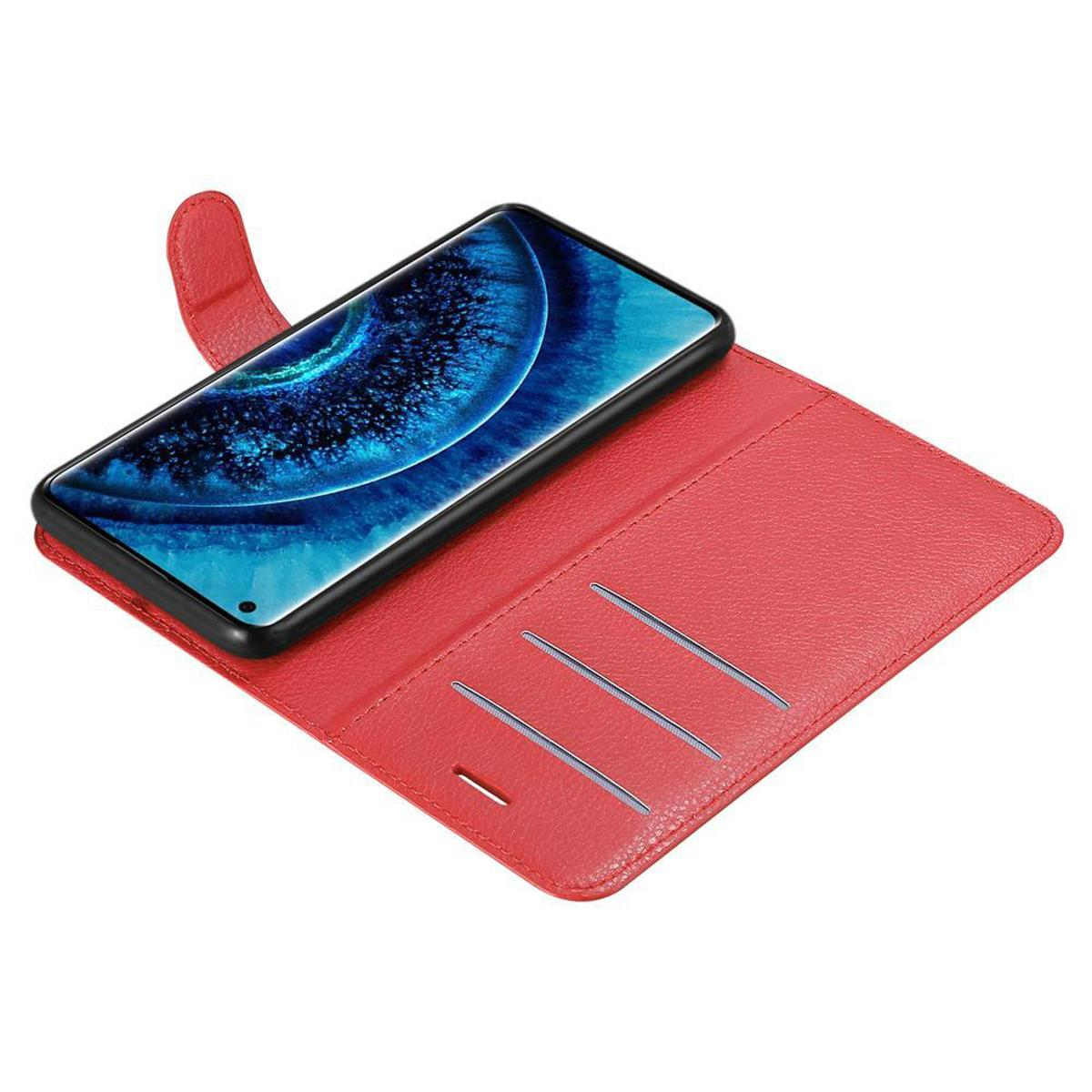 Custodia rossa aperta, che rivela un telefono e slot per schede. Isolato su sfondo bianco.