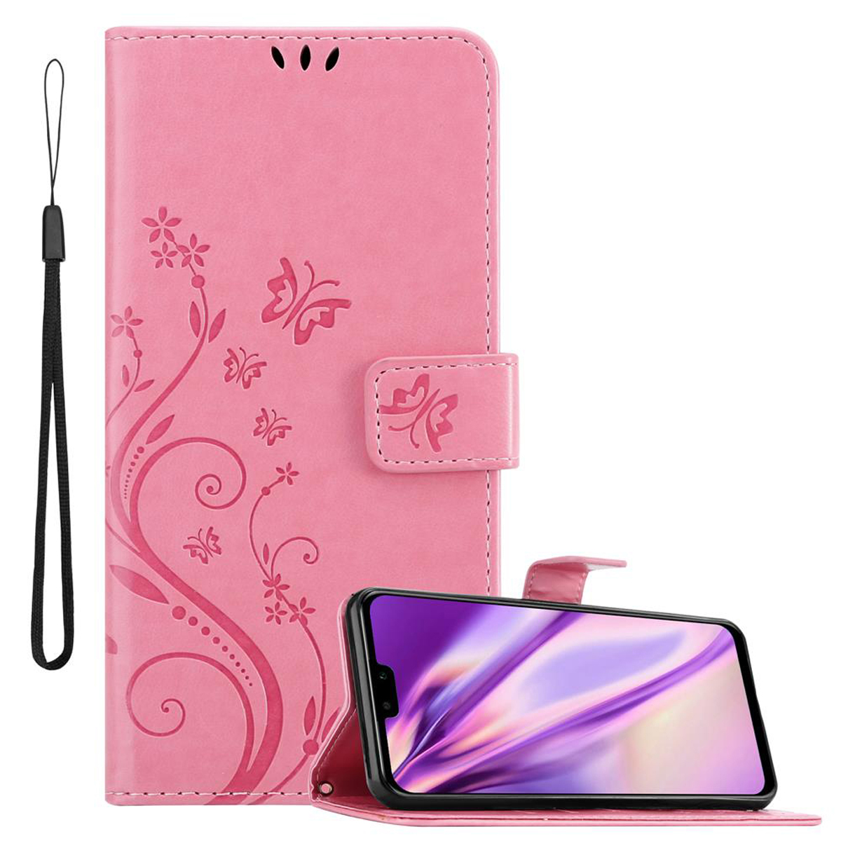 Funda rosa para teléfono con diseño floral y mariposas, teléfono dentro.