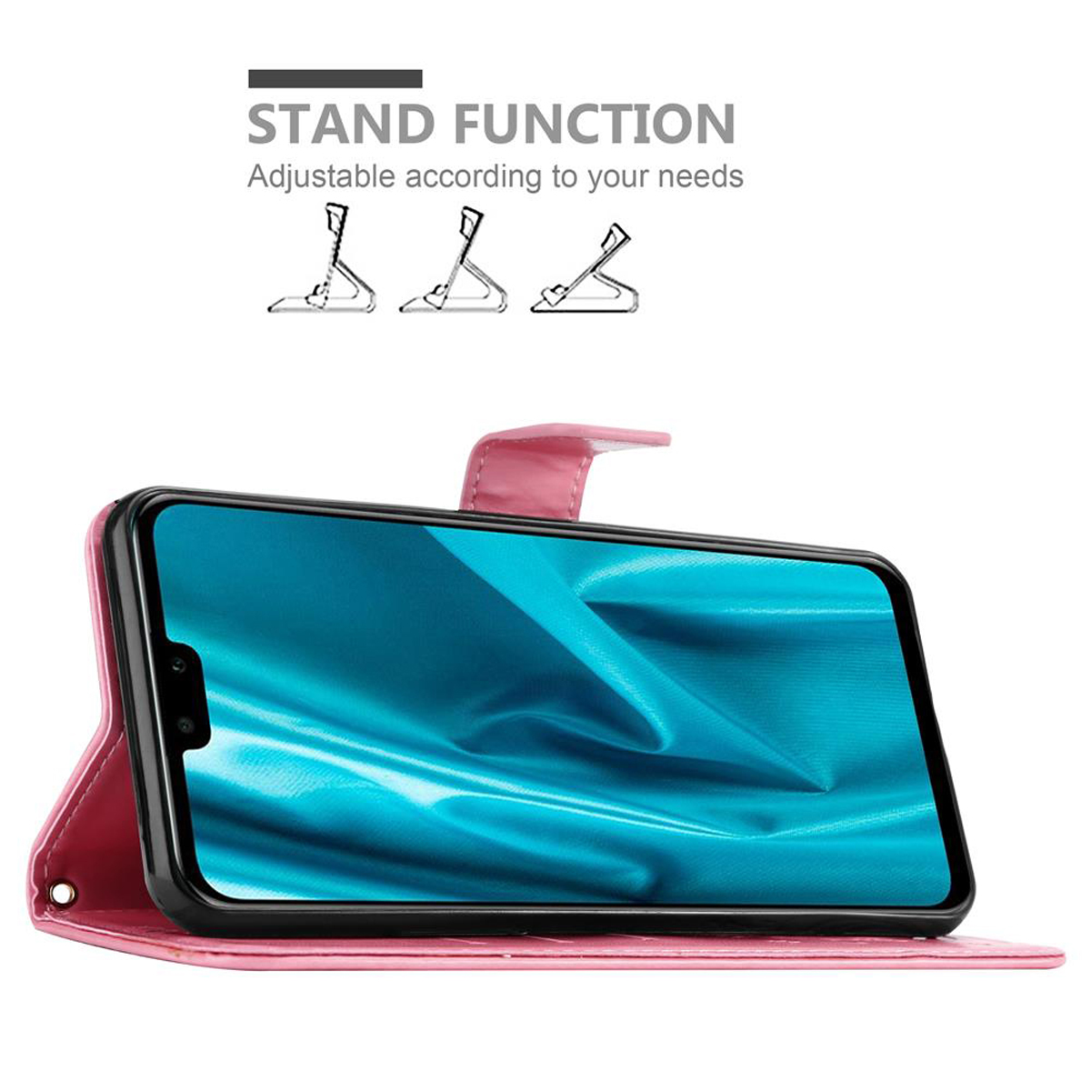 Funda de teléfono rosa con teléfono dentro. Ilustración de la función de soporte visible. Fondo blanco.